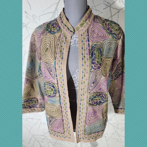 Lifestyle Beige Spiral Psychedelic Embroidered Open Front Jacket - Picture 2 of 6